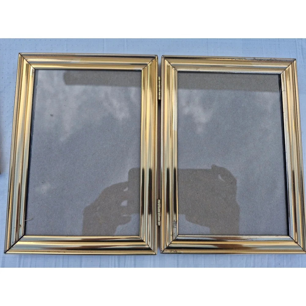 Vintage Intercraft Gold Metal Folding Double Picture Frames Set of 2 Beaded Edge